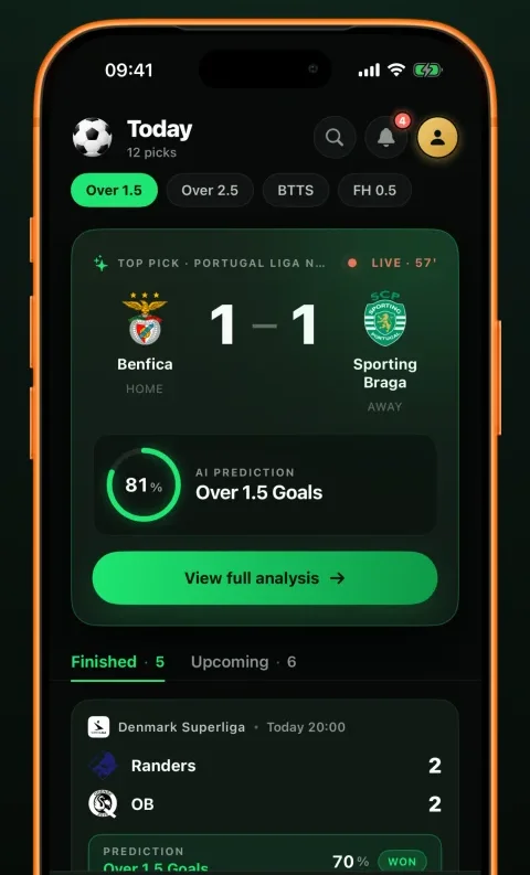 Goalii app — today's pick with AI confidence