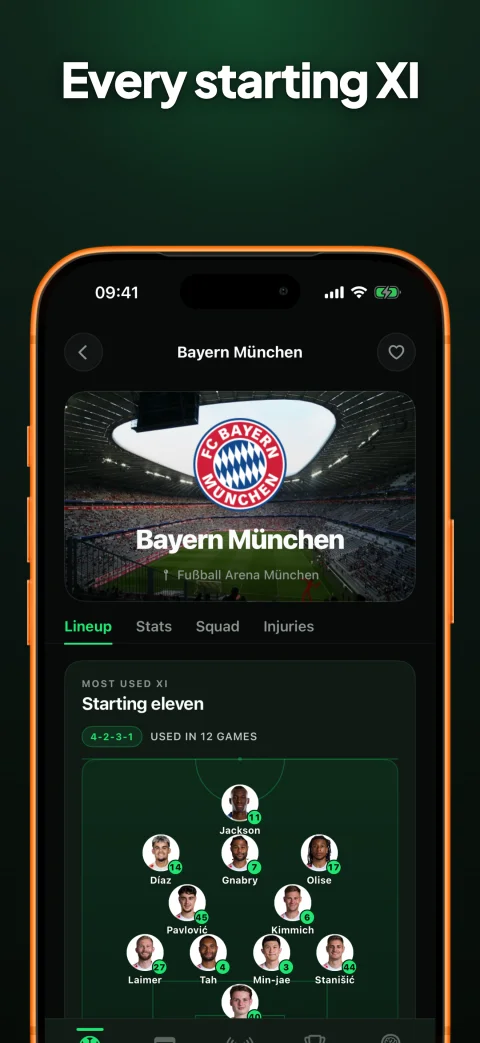 Goalii app — Starting XI